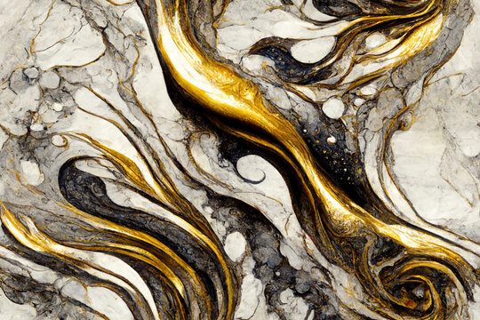 Abstract psychedelic seamless marble with melted black, gold and silver accents pattern, textured continuous tiled background, repeating luxury wallpaper, generative ai © PATTERNS FOR YOU