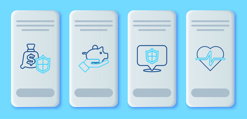 Set line Piggy bank in hand, Location shield, Money with and Life insurance icon. Vector