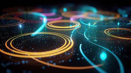 Abstract glowing digital multicolor radial lines and sparkling dots. Based on Generative AI