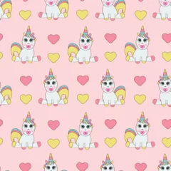Wandaufkleber Spielzeug Seamless vector pattern with cute unicorns and hearts. Repetitive wallpaper on a pink background. Perfect for fabric, wallpaper, wrapping paper or nursery decor.