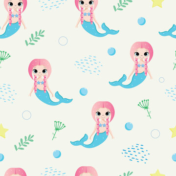 Seamless childish pattern with cute mermaids. Ideal for fabric, textile, packaging, postcards.