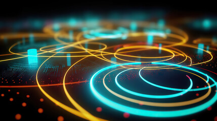 Abstract glowing digital multicolor radial lines and sparkling dots. Based on Generative AI