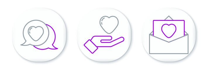 Set line Envelope with Valentine heart, Heart speech bubble and hand icon. Vector