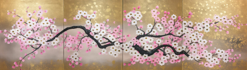 Cherry blossoms or plum blossoms Abstract vintage Japanese calligraphy stroke painting style. lacquer painting. Hand edited generative AI. 