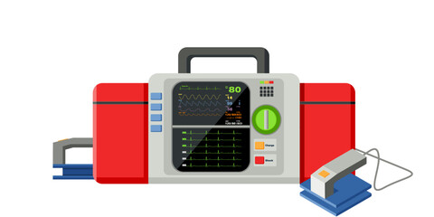 Medical equipment defibrillator modern design Complete vital signs display, portable electronic device that automatically diagnosis life-threatening cardiac arrhythmias. Life Support or Resuscitation - obrazy, fototapety, plakaty