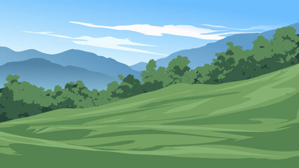 Vector mountain scenery with forest and meadow