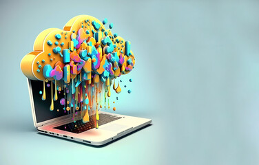 Laptop. Multicolored storage cloud. Cloud storage of information on the Internet. Cloud. Banner. Copy space. Generative AI