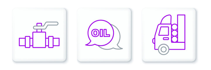 Set line Gas tank for vehicle, Metallic pipes and valve and Word oil icon. Vector