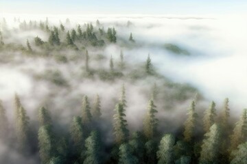 Aerial view of foggy forest with pine trees and blue sky. Generative AI