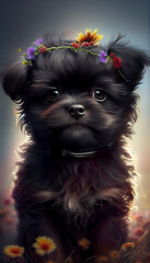 black cute little puppy with rose headband generative ai art