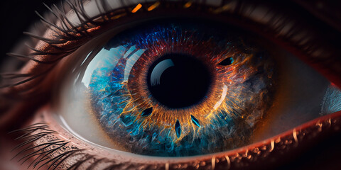 Human eye close-up with colored iris and eyelashes, beautiful look, macro eye in ophthalmology. Generative AI