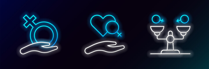 Set line Gender equality, Female gender and Heart with female icon. Glowing neon. Vector
