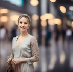 Portrait of happy smiling Buyer enjoys shopping time at mall. Generative AI
