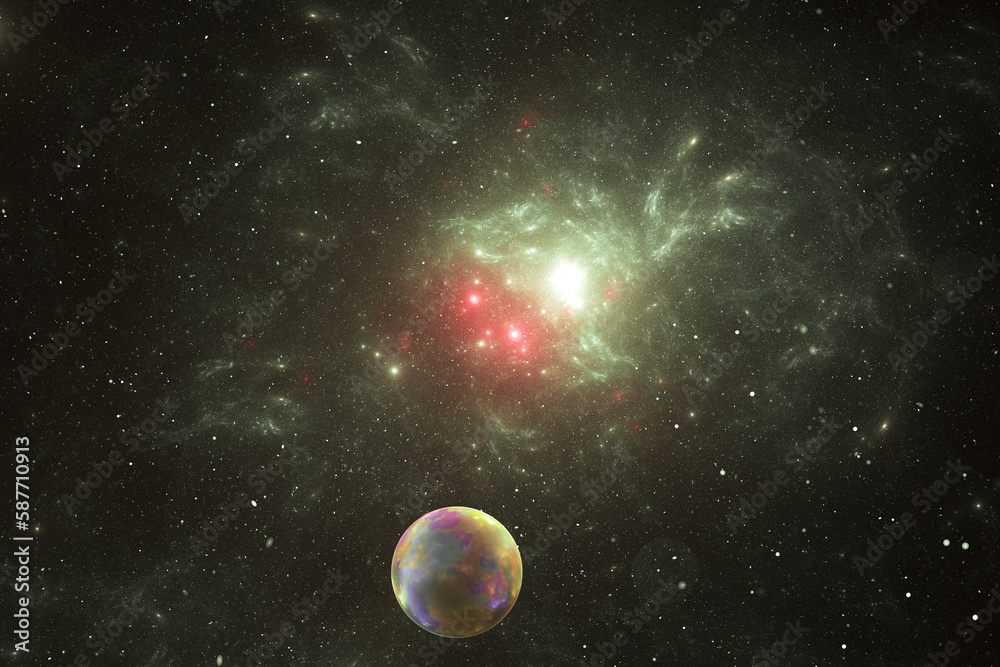 Wall mural green red stardust clouds with planet in black space. abstract fractal 3d rendering
