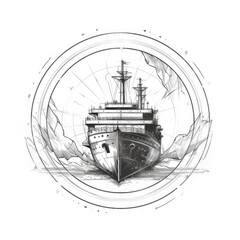 Sailing ship vintage illustration on logo badge. Created with generative AI.
