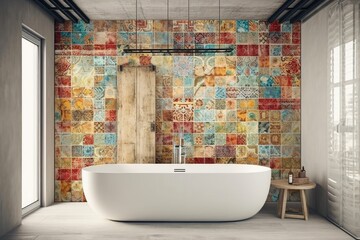 modern bathroom with a freestanding bathtub and tiled walls. Generative AI