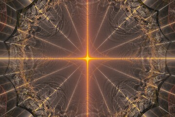 Dark orange glowing pattern of curved waves and rays on a black background. Abstract fractal 3D rendering