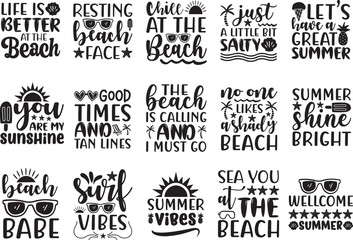 Summer Beach Vector Illustration set, summer svg bundle, beach quotes, Summer Typography Design Bundle svg eps Files