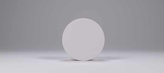 White circular 3d display for exhibition in a light gray room with infinite background. Wallpaper, banner. Place for text, mockup, copy space. 3d illustration. Minimal concept.