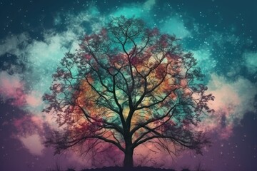 solitary tree silhouetted against a starry night sky. Generative AI