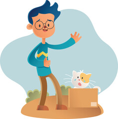 man finds cat in the box vector illustration