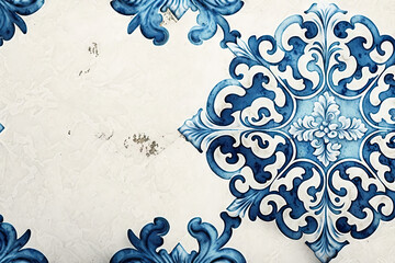 Blue and White Azulejo Tiles Beautiful Filigree Texture Background - The intricate filigree texture of stunning Azulejo tiles, perfect for adding elegance - created with Generative AI technology