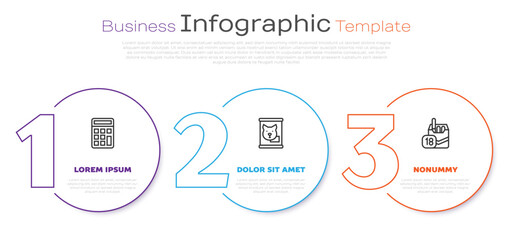 Set line Calculator, Canned food and Cigarettes pack box. Business infographic template. Vector