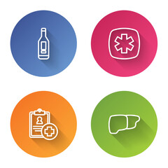 Set line Digital thermometer, Emergency - Star of Life, Patient record and Human organ liver. Color circle button. Vector