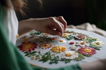 Unrecognizable woman doing flowers embroidery. Small business concept. Generative AI