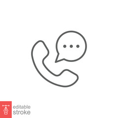Old phone handset and talk bubble icon. Telephone support, communication concept. Simple outline style. Thin line symbol. Vector illustration isolated on white background. Editable stroke EPS 10.