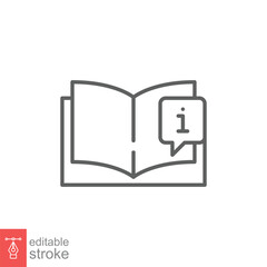 Book with information mark icon. Encyclopedia, catalogue, info and faq concept. Simple outline style. Thin line symbol. Vector illustration isolated on white background. Editable stroke EPS 10.