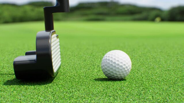 Golf Club Putter Hitting the Ball Softly Close-up in Slow Motion 3d Animation. Ball Rolls Out of the Frame. Illustration of Abstract Final Hit Putt. Green Grass on the Golf Course. Sport Concept 4k.