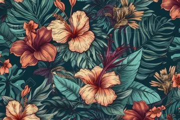 Tuinposter wallpaper with orange flowers and green leaves. Generative AI © AkuAku