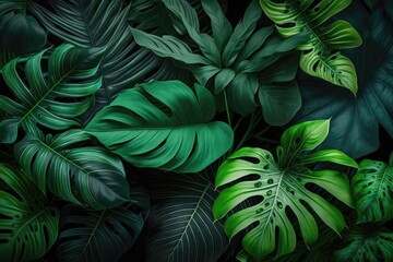 Tropical background with monstera leaves. Palm leaves pattern background. Green monstera tree foliage decoration design. Plant with exotic leaf closeup Generative ai - obrazy, fototapety, plakaty