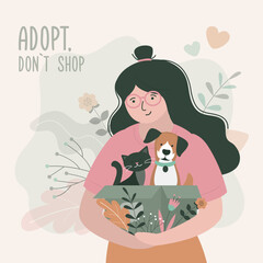 Adopt friend, don't shop - cute dogs and cat sitting in box. Pet adoptation. Animal care, adoption. Help homeless animals find home concept. Woman volunteer holds lonely pets