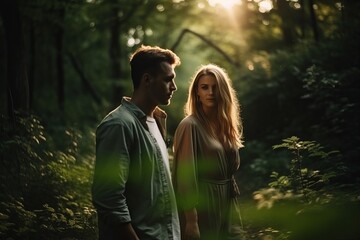 Attractive young couple walking, hiking on a woodland walk trail together