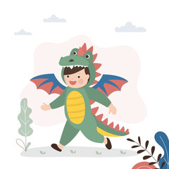 Funny boy in a dragon costume. Preschooler dressed up as scary animal or dinosaur. Halloween celebration, carnival. Cheerful boy goes to holiday in dino costume