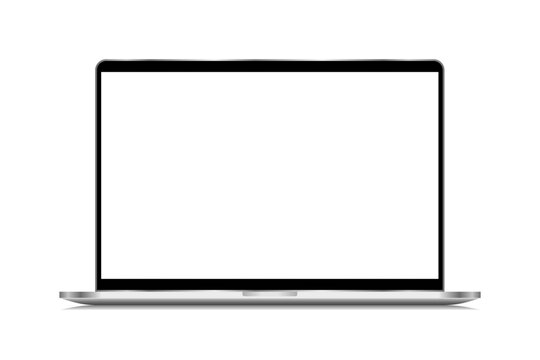 Modern realistic silver grey open laptop on white  isolated background. computer notebook with empty screen. blank copy space on modern mobile mock up. Mock-up PC display for presentation.