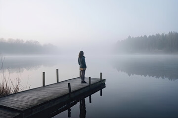 Fototapeta na wymiar A lonely woman standing backwards on a jetty by a lake, looking into the distance.. Generative AI.