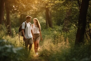 Fototapeta premium Attractive young couple walking, hiking on a woodland walk trail together