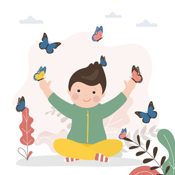 Happy boy with butterflies. Child in nature, park or meadow. Different types of butterflies sit on the kid. Cheerful and smiling schoolboy surrounded by beautiful insects.