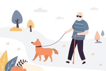 Blind old man walks with guide dog. Animal helps elderly with vision problems. Seeing Eye Dog provides someone who blind or has low vision with confidence to get around safely