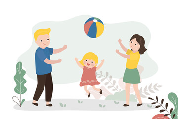Parents play ball with their little daughter. Family spend time together, weekend. Active games, mom and dad play with cute child. Caucasian people outdoors