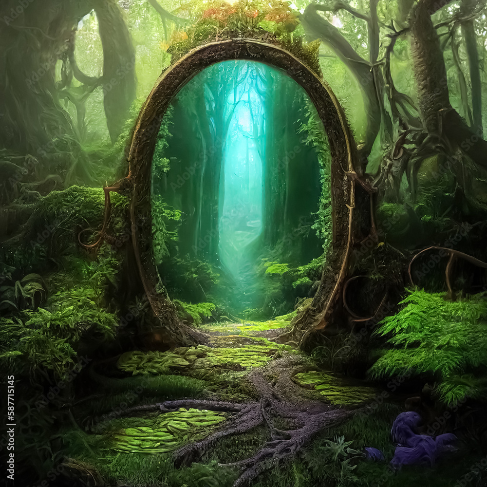 Aufkleber magic teleport portal in mystic fairy tale forest. gate to parallel fantasy surreal world. generativ
