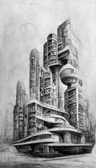 Futuristic surreal urban modern architecture pencil drawing style. Fantasy alien city. Generative AI.