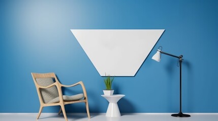 Fototapeta na wymiar minimal living room blue wall, A poster frame triangle mockup wall hanging on the blue wall, a chair and Table with pants and a lamp in front of a blue background,Interior design dark blue white tone.