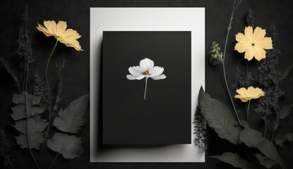 blank black greeting card with minimal dried flowers white and yellow flowers on white paper frame and a stick with leaves. vintage toning.top view. mockup,A luxury card paper mockup dark background