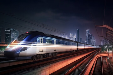 Fototapeta na wymiar Modern high speed train at night. Fast train in city with motion blur effect, Public transport. Railway transportation. Created with Generative AI