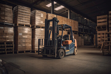Fototapeta na wymiar Forklift for loading pallets with packages in warehouse interior. Commercial distribution warehouse with shelves and boxes. Created with Generative AI