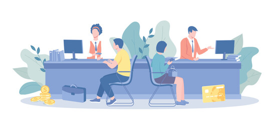Professional banking service, Bank office. Bank workers providing services to customers. Credit, deposit consult management. Vector illustration with character situation for web.